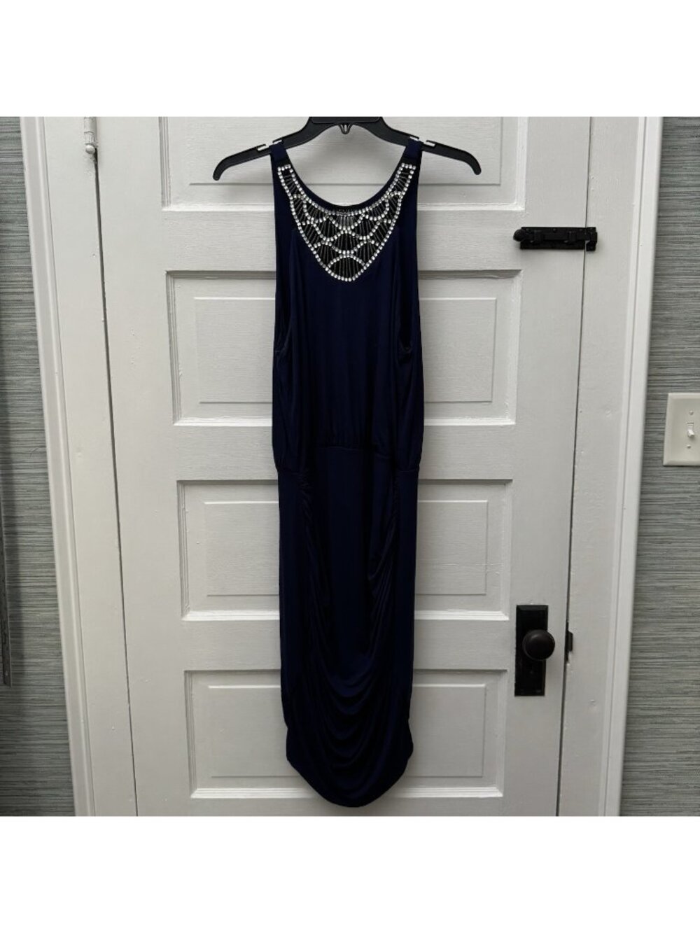 Venus Dress Medium Navy Blue Rhinestone Beaded Ruched Draped Midi Cocktail